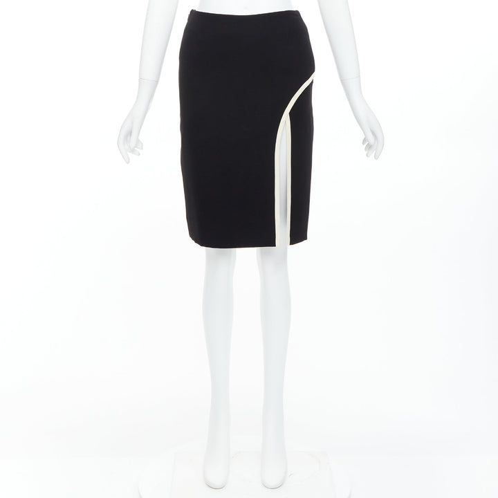 LANVIN 2017 Cady black cream trim front slit high waist pencil skirt FR34 XS