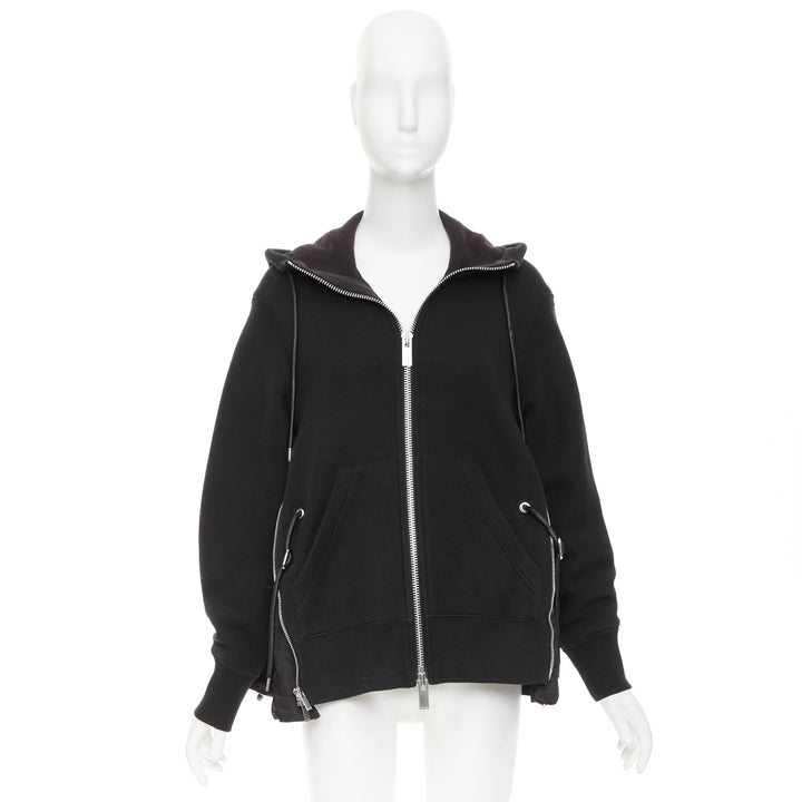 SACAI 2019 black cotton blend nylon side zip deconstructed hybrid hoodie JP2 M