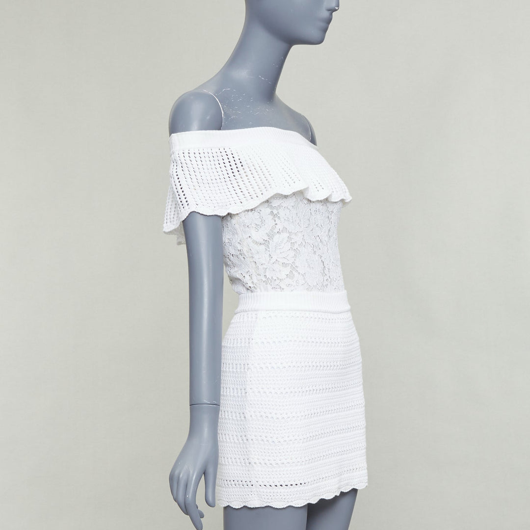 VALENTINO white cotton multi knit lace off shoulder silk lined playsuit XS
