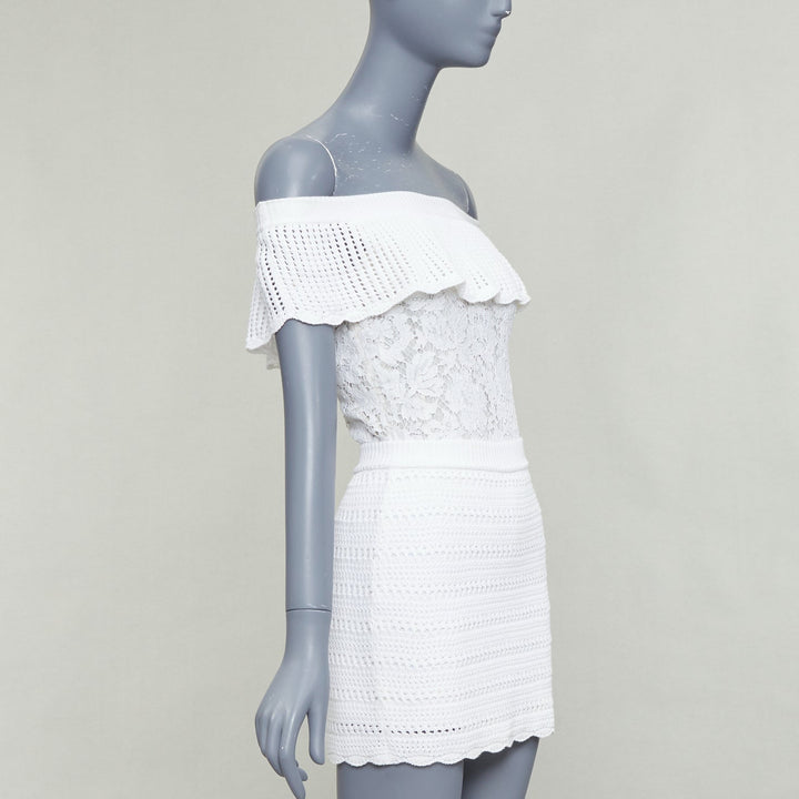 VALENTINO white cotton multi knit lace off shoulder silk lined playsuit XS