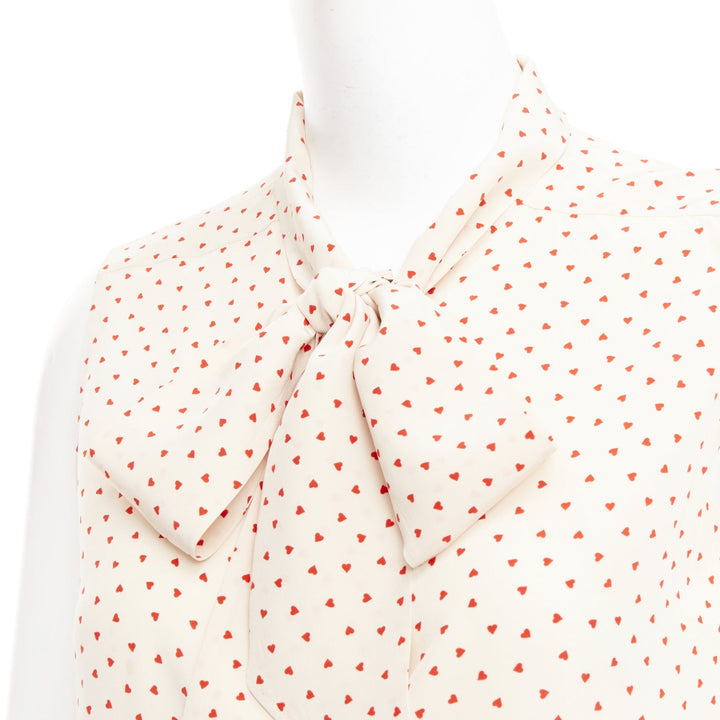 OLD CELINE Phoebe Philo cream red micro heart pussy bow neck tie blouse FR36 S