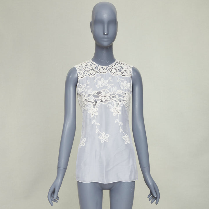 DOLCE GABBANA white beige silk cotton floral embroidered lace crew top IT36 XXS