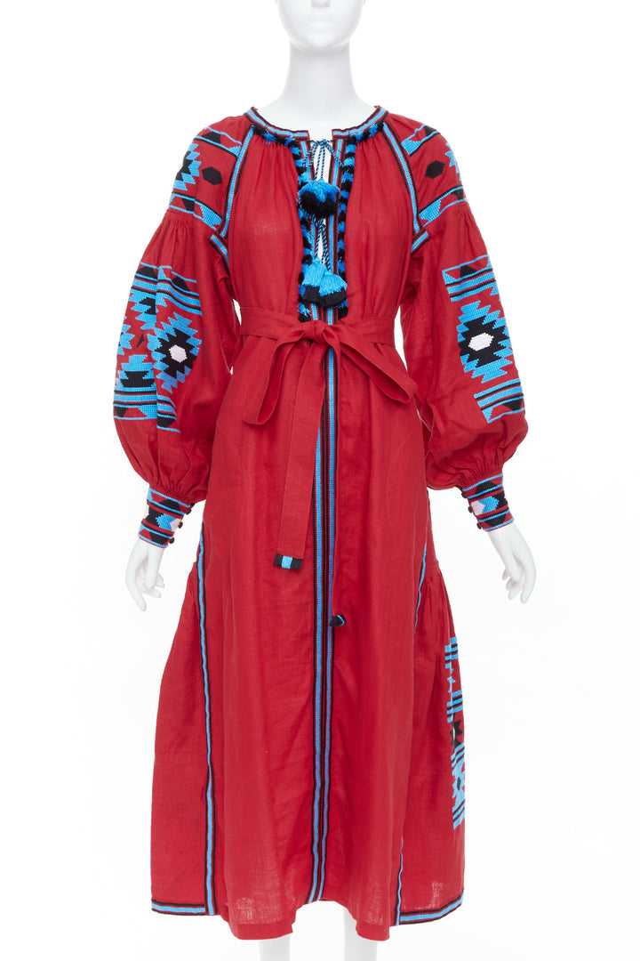 VITA KIN red linen blue folk ethnic embroidery boho peasant kaftan dress S/D