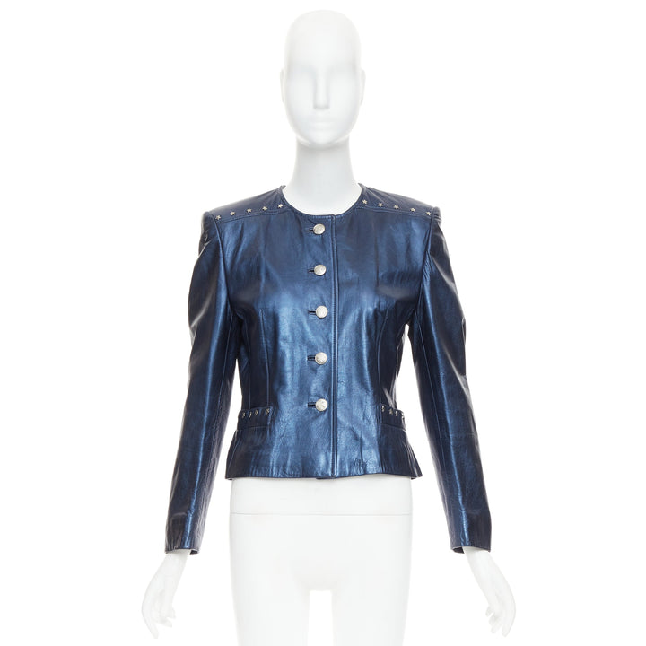 ESCADA Vintage 1980s Starry Night metallic blue leather stud jacket FR34 S