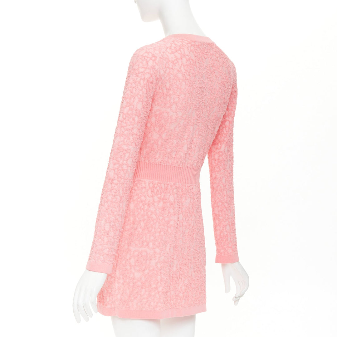 CHANEL 21C light pink embossed camelia boucle intarsia knit mini dress FR36 S
