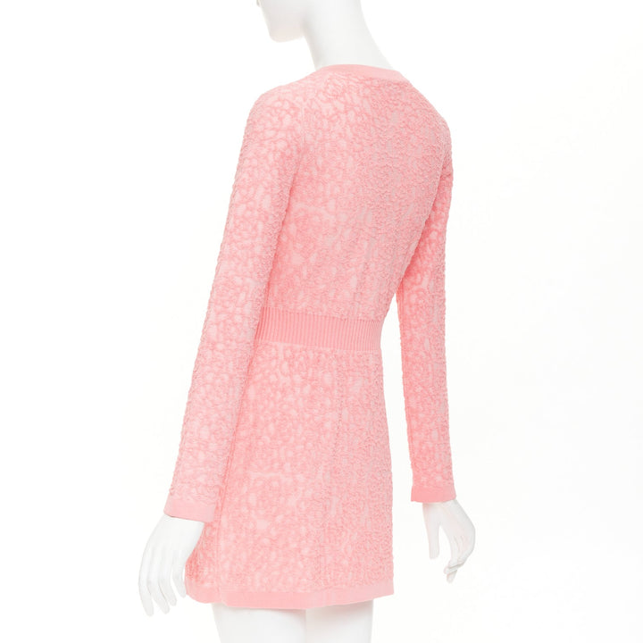CHANEL 21C light pink embossed camelia boucle intarsia knit mini dress FR36 S
