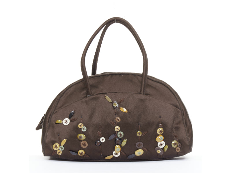 PRADA Vintage brown satin leather beads embroidered top handle bag