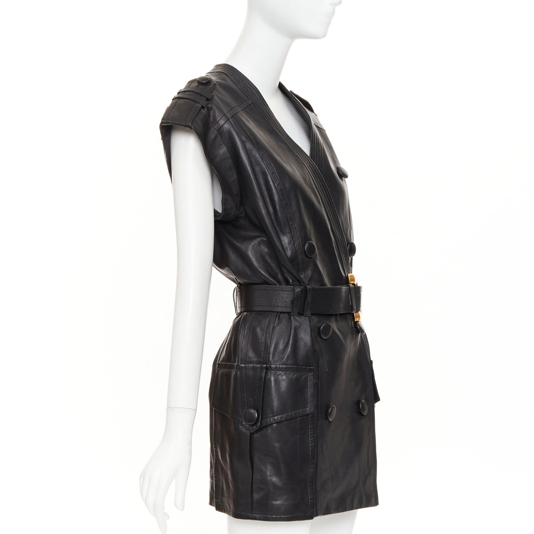 BALMAIN black lambskin leather XL gold buckle belted dress FR34 XXS