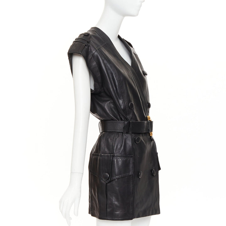 BALMAIN black lambskin leather XL gold buckle belted dress FR34 XXS