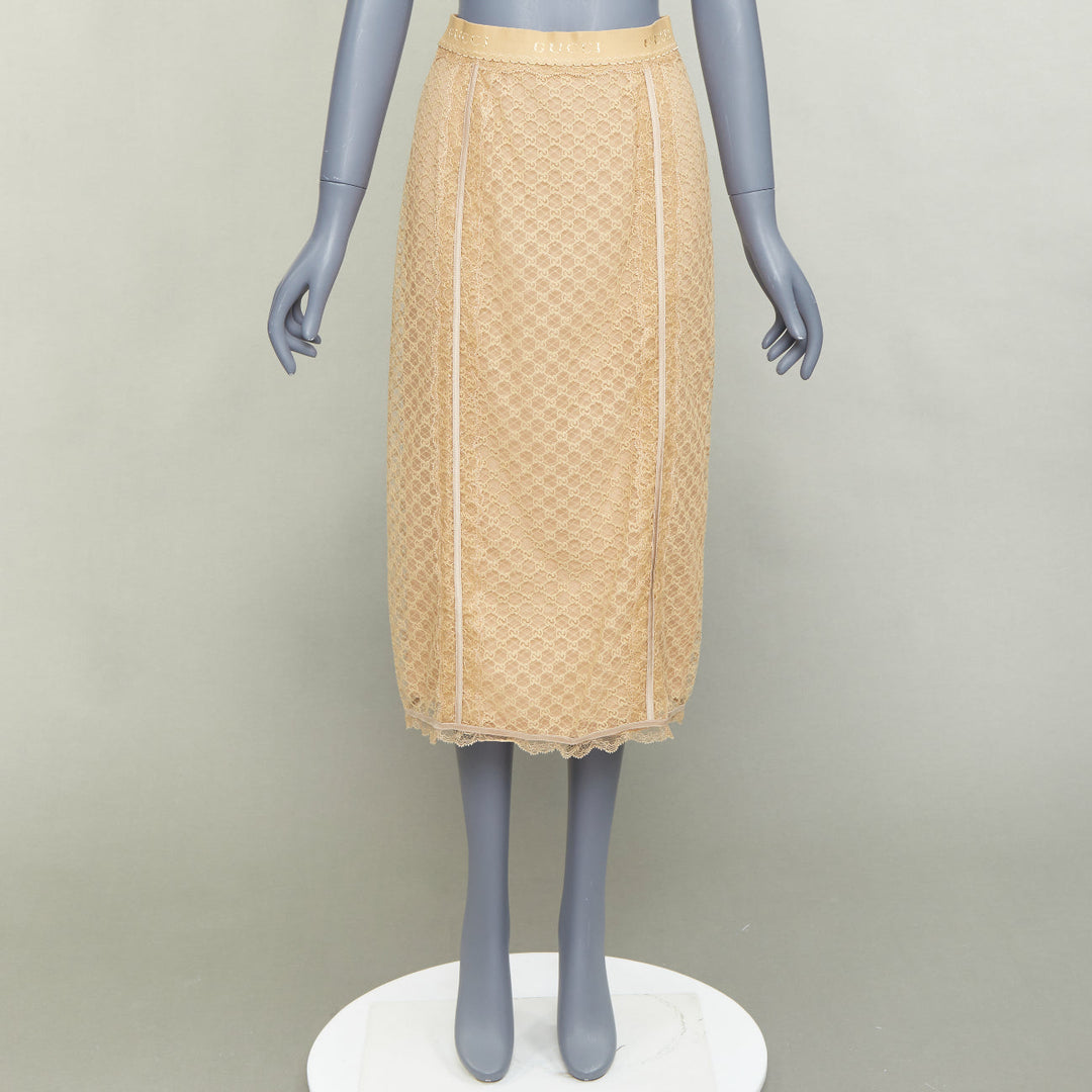 GUCCI 2022 Runway Aria beige nude GG mesh lace lingerie midi skirt M