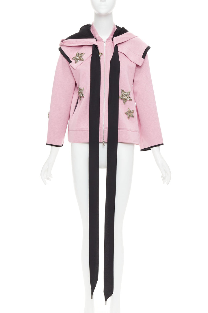 DICE KAYEK pink neoprene beaded star applique ribbon drawstring hoodie IT38 XS
