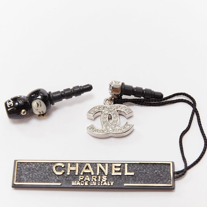CHANEL silver crystal CC black china doll earphone jack charm x2