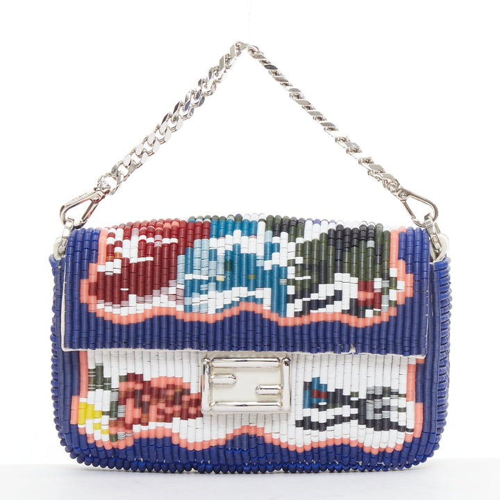FENDI Micro Baguette blue colorful needlepoint beaded FF logo flap chain bag