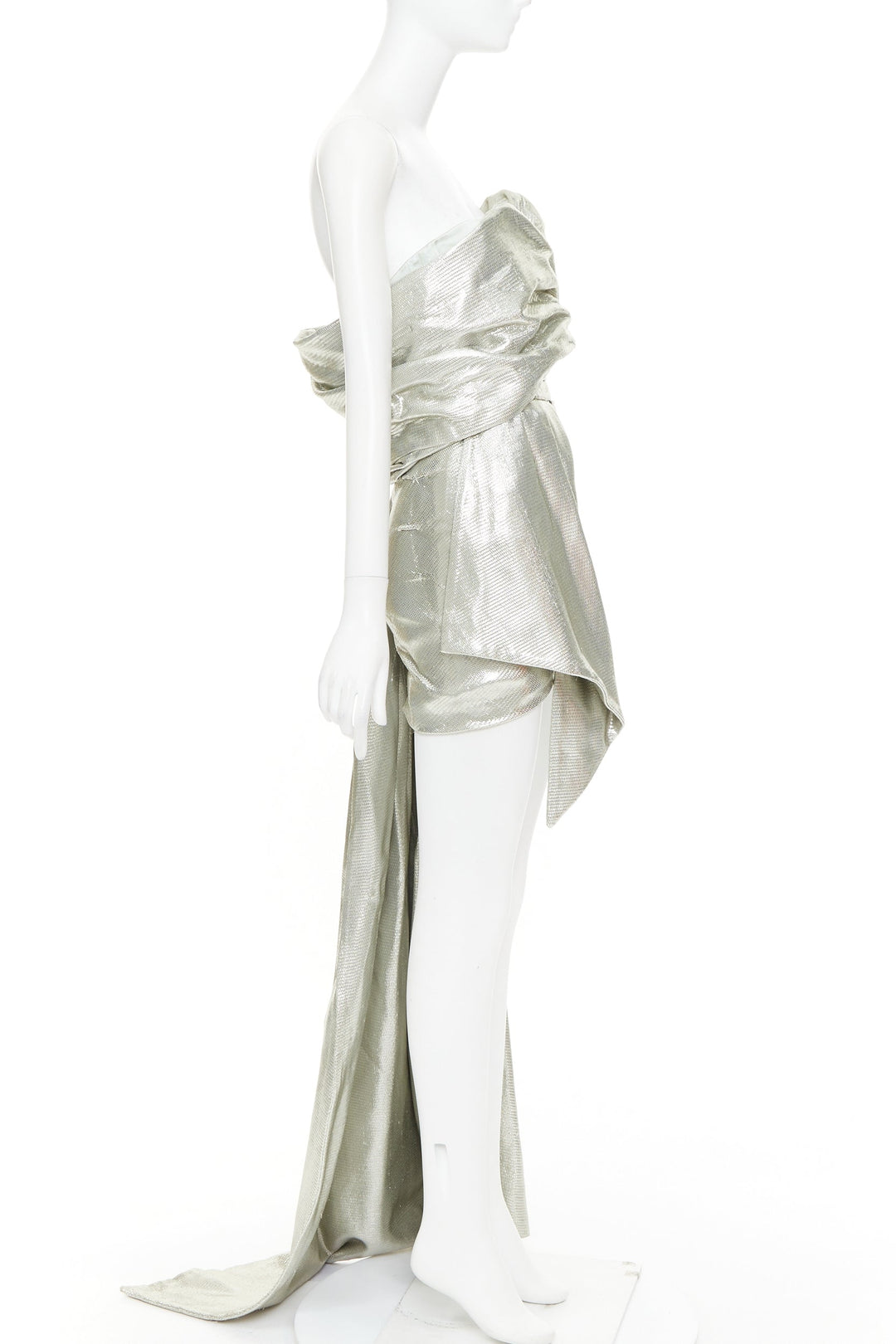 rare ALEXANDRE VAUTHIER COUTURE AW2019 Runway turquoise lame drape shoulder gown