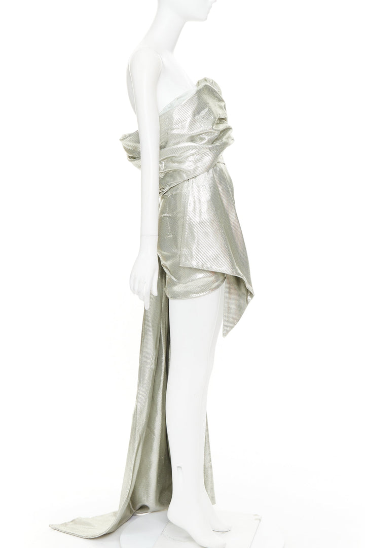 rare ALEXANDRE VAUTHIER COUTURE AW2019 Runway turquoise lame drape shoulder gown