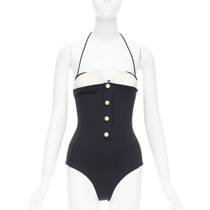 CHANEL white logo faux pearl black white collared halter one pc swimsuit FR34 XS
