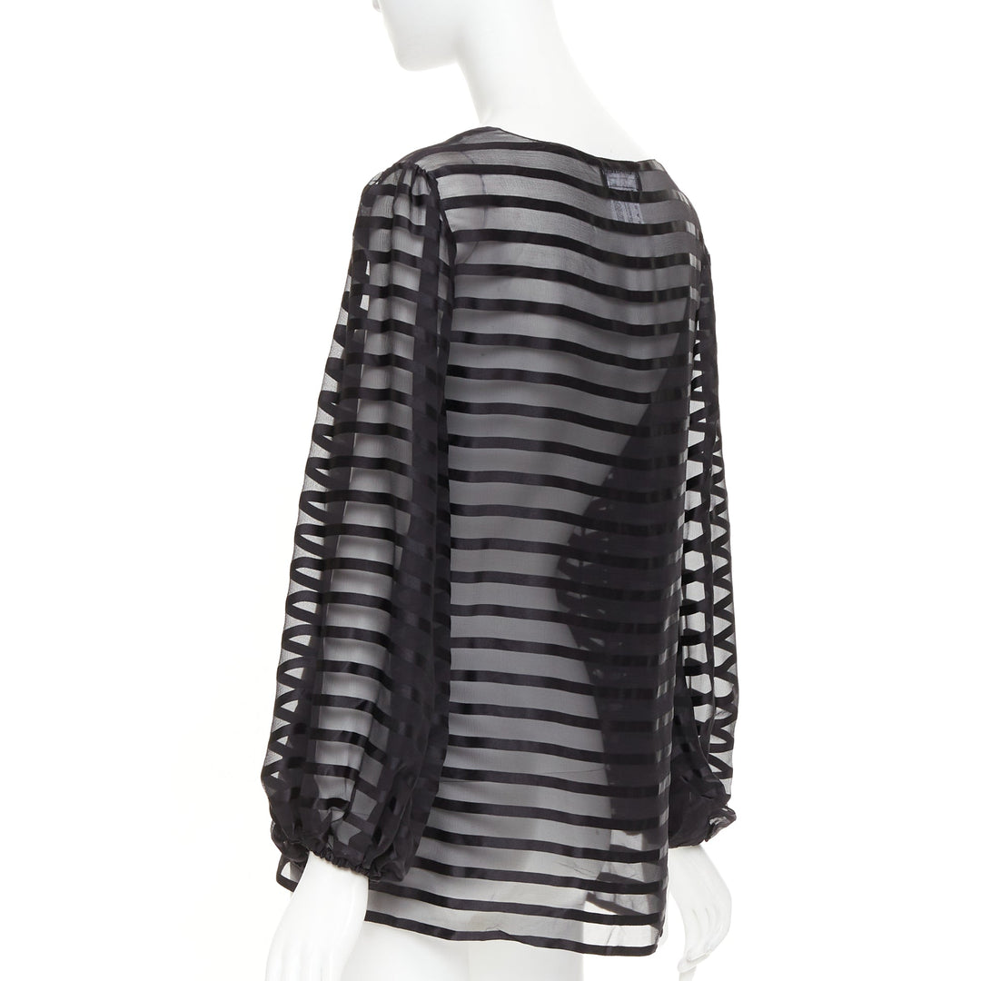 CHANEL black 100% silk sheer striped chiffon puff sleeve blouse FR36 S