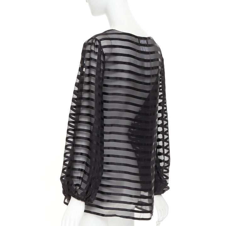 CHANEL black 100% silk sheer striped chiffon puff sleeve blouse FR36 S