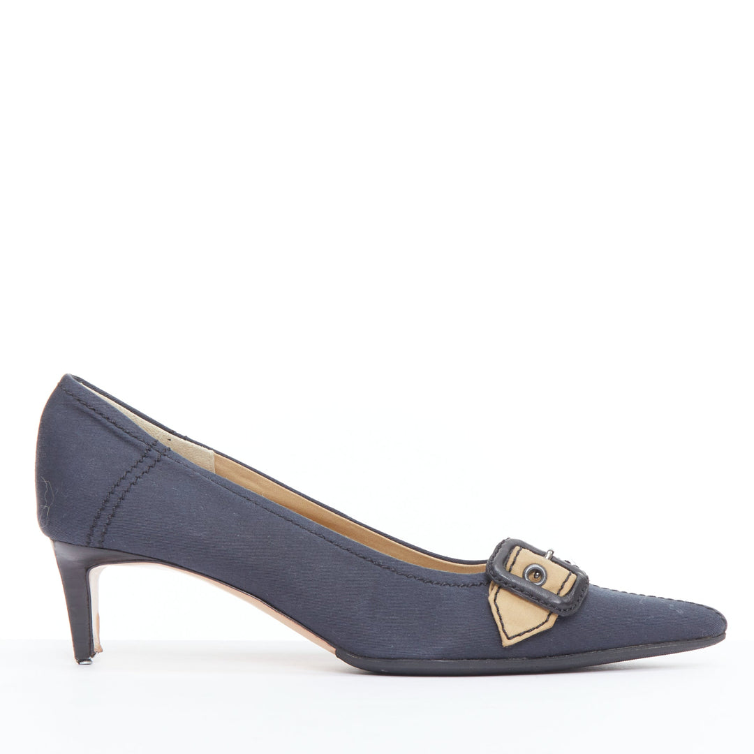 Female mannequin wearing Miu Miu by Miuccia Prada Navy Fabric Women Heels in Size EU36.5 | Available at JHROP