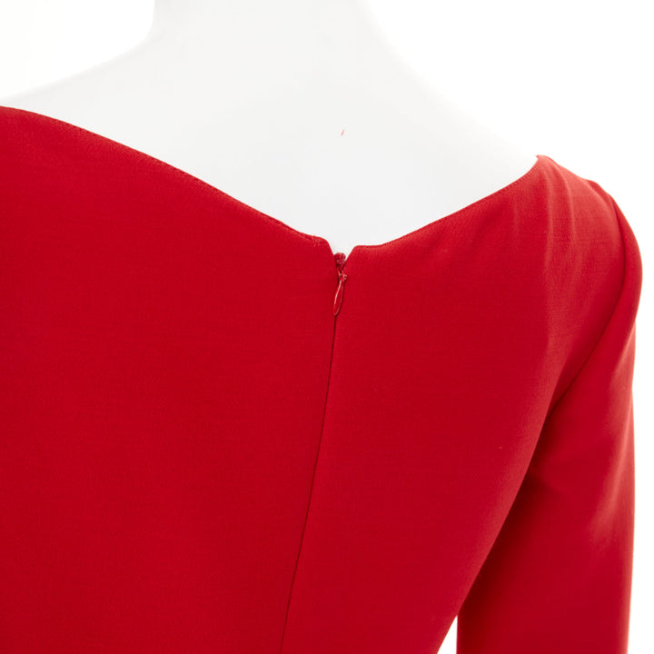 VALENTINO wide V neck structured red wool silk A-line dress IT40 S