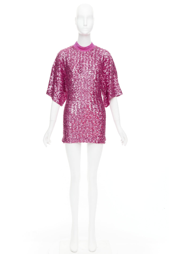 THE ATTICO hot pink sequin dolman sleeves crew neck mini dress IT38 XS