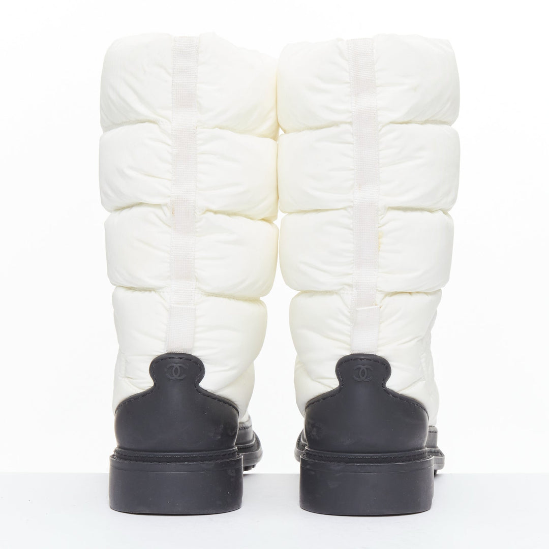 CHANEL cream nylon CC logo side padded black trim snow boots EU37.5