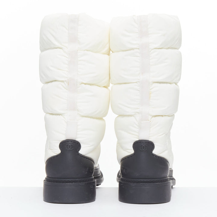 CHANEL cream nylon CC logo side padded black trim snow boots EU37.5