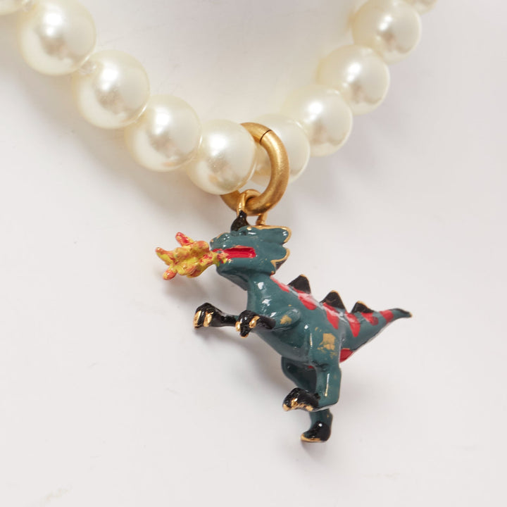 rare DIOR CD logo green fire dinosaur dragon pendant pearl choker necklace