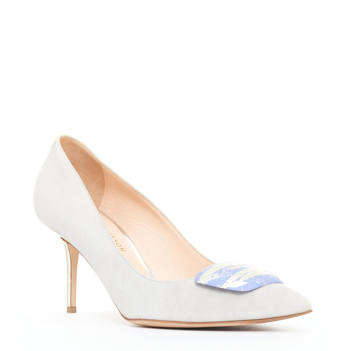 RUPERT SANDERSON New Nada grey suede purple Arty buckle pumps EU38