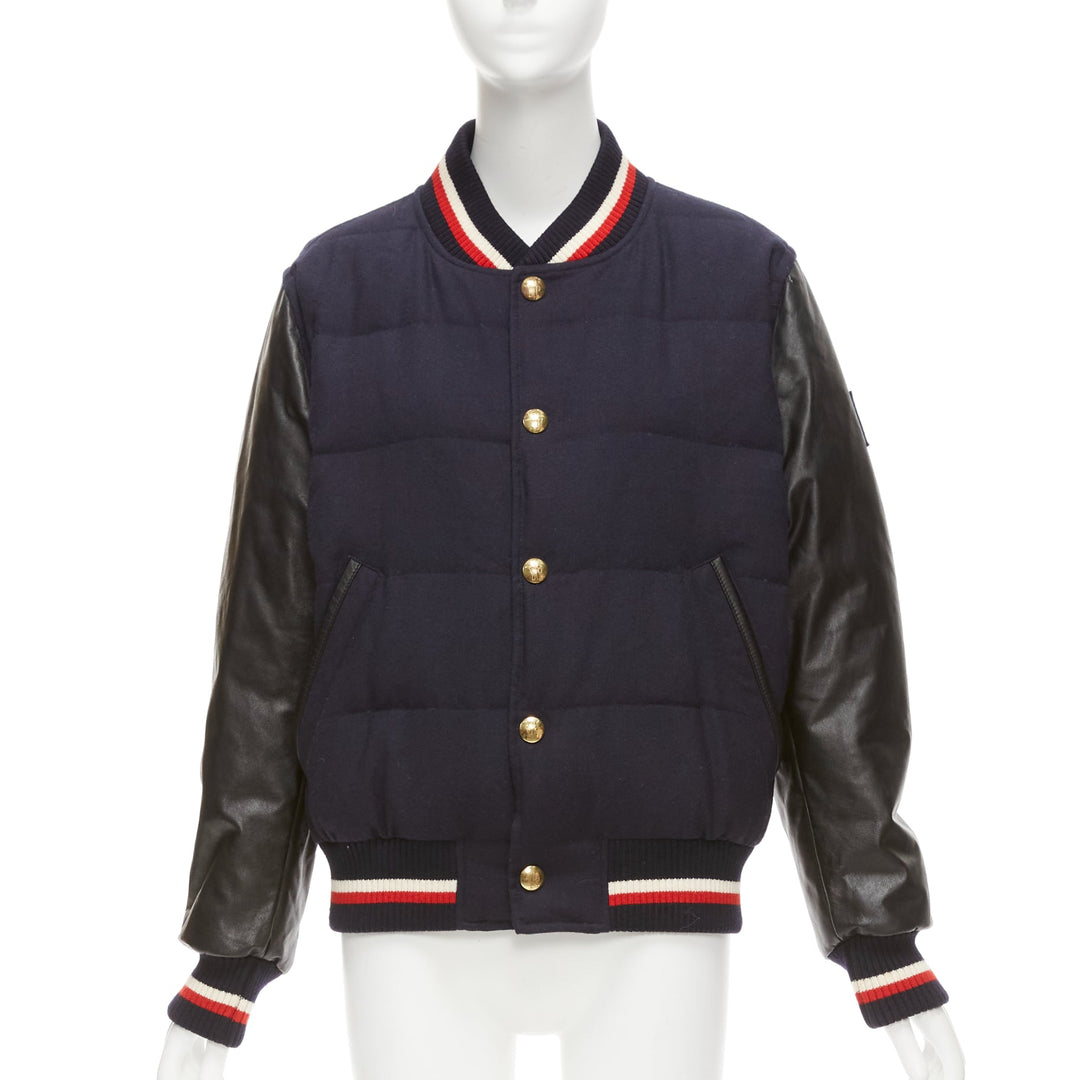 MONCLER GAMME BLEU navy wool leather sleeves goose down bomber jacket Sz2 M