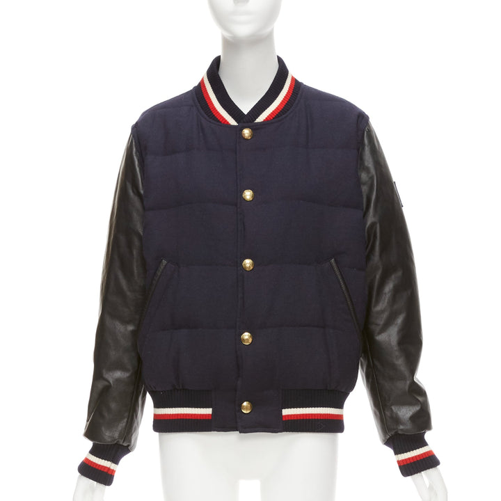 MONCLER GAMME BLEU navy wool leather sleeves goose down bomber jacket Sz2 M