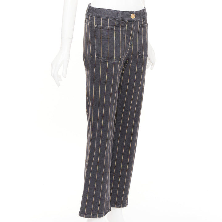 CHANEL washed dark gray gold chain trim bronze cc button straight jeans FR38 M
