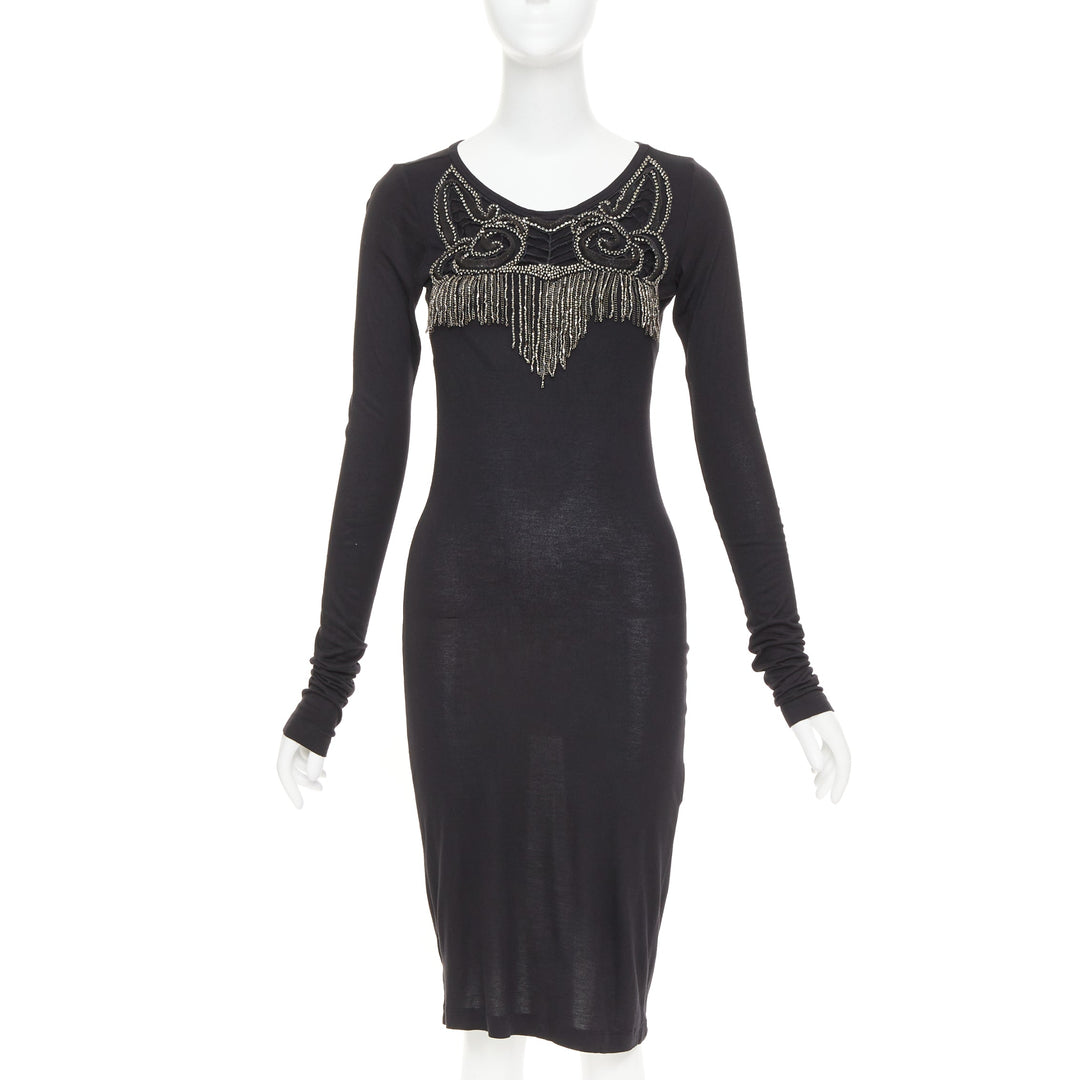 GIVENCHY black silver crystal chain fringe embellished modal dress XS