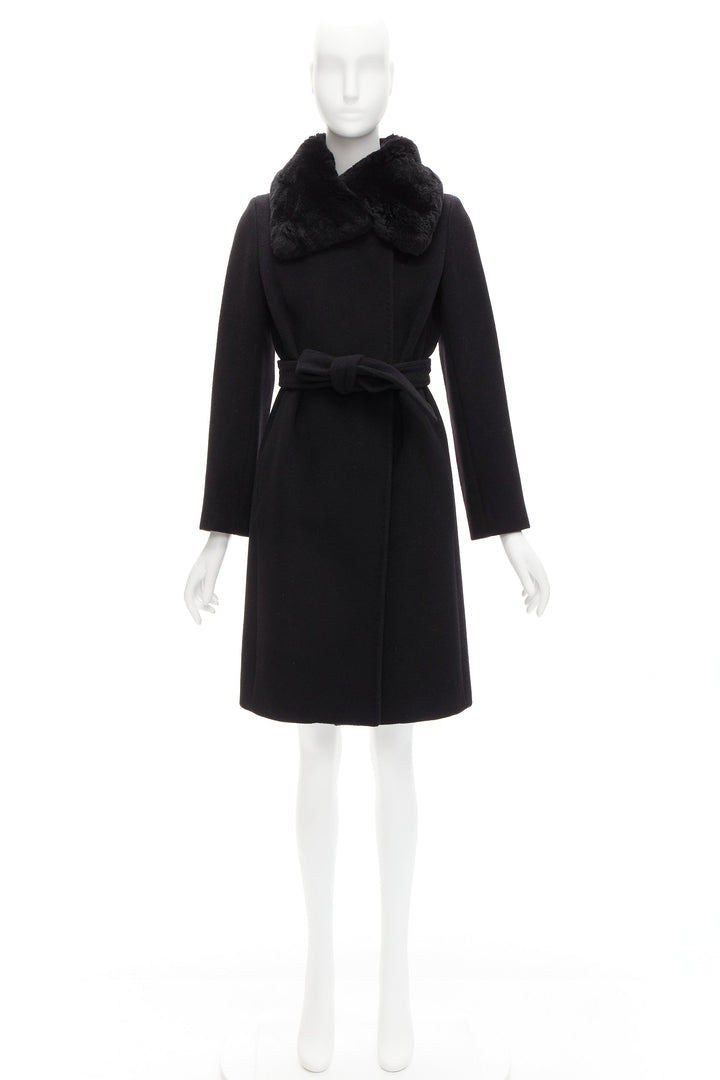 MAX MARA black fur collar virgin wool cashmere belted coat IT38 XS