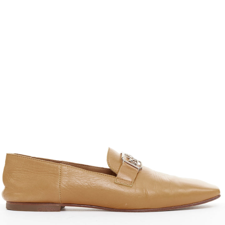 HERMES Time tan brown smooth leather horse carriage buckle flat loafers EU35
