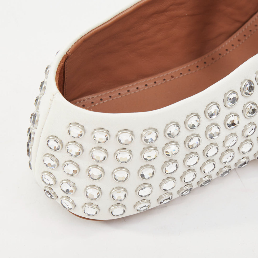 ALAIA 2023 Strass white lambskin crystal embellished mary jane ballet flats EU38