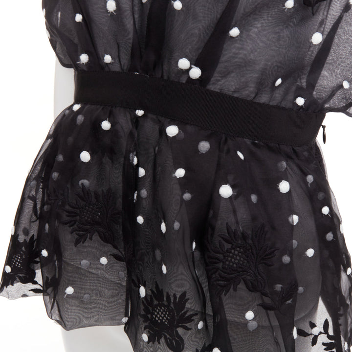 GIAMBATTISTA VALLI black polka dot applique sheer lace peplum top IT42 M