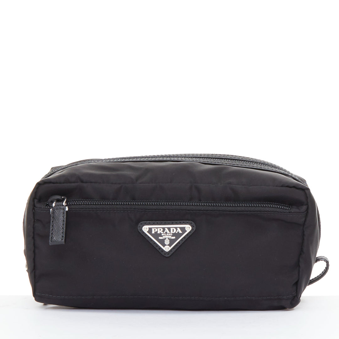 PRADA Re-Nylon saffiano leather  black silver triangle logo travel pouch case