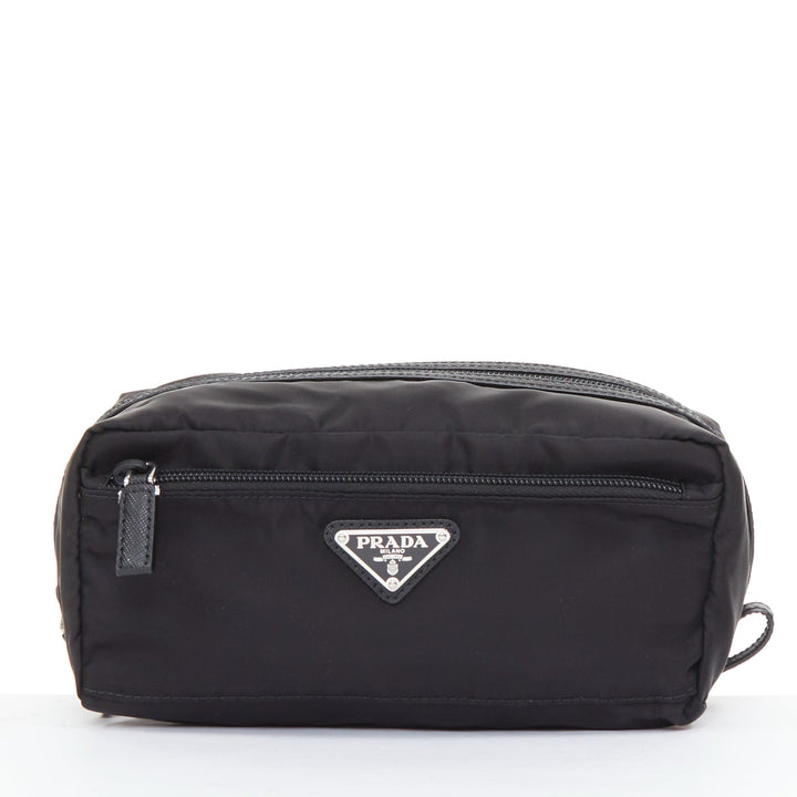 PRADA Re-Nylon saffiano leather  black silver triangle logo travel pouch case