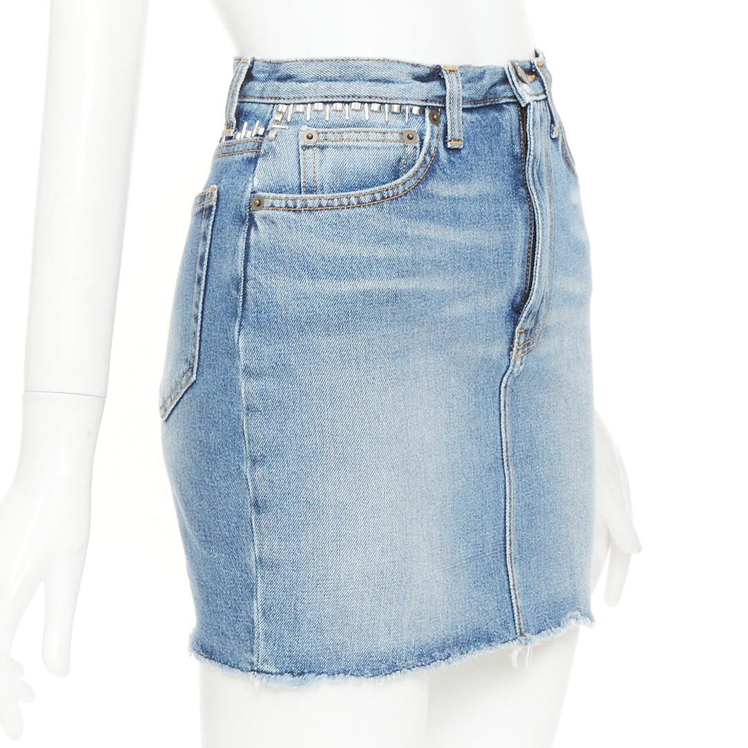 SAINT LAURENT 2016 blue washed denim studded waistband mini skirt 25"