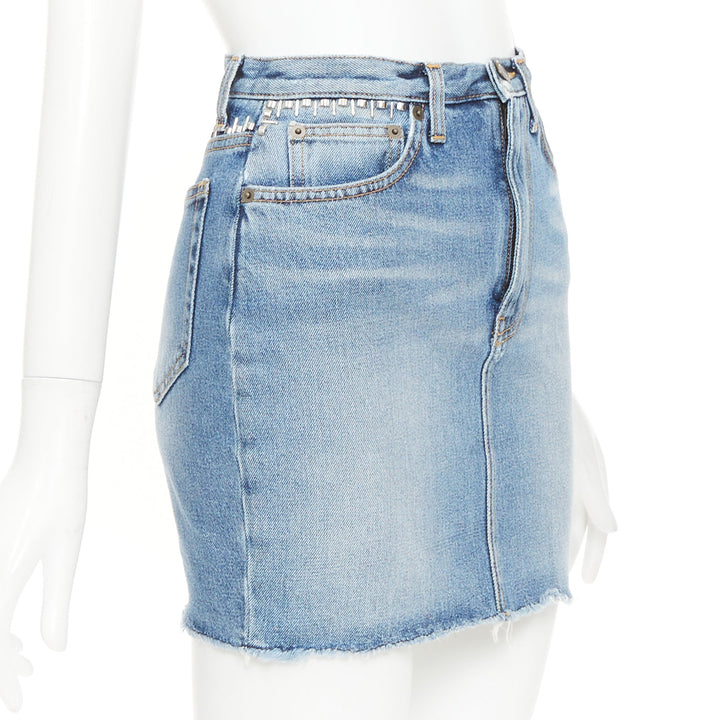 SAINT LAURENT 2016 blue washed denim studded waistband mini skirt 25"