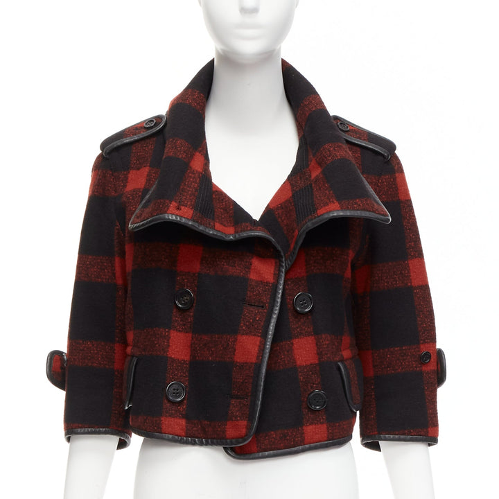 BURBERRY Runway red black wool plaid check leather trim cropped trench IT36 XXS