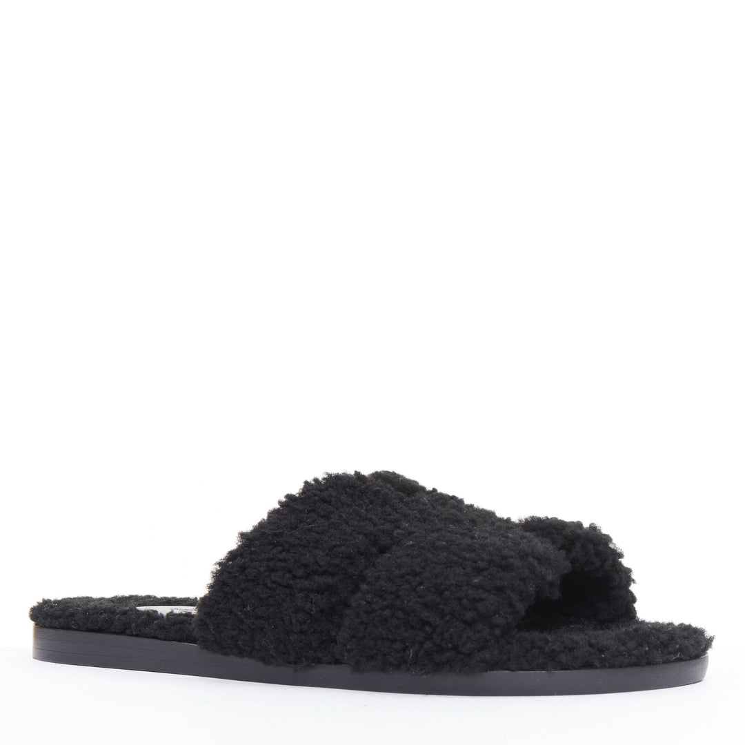 HERMES Oran black shearling H cut out flat block sandals EU41.5