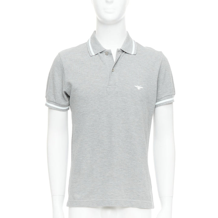 DIOR HOMME grey cotton pique white bee striped polo shirt FR46 S