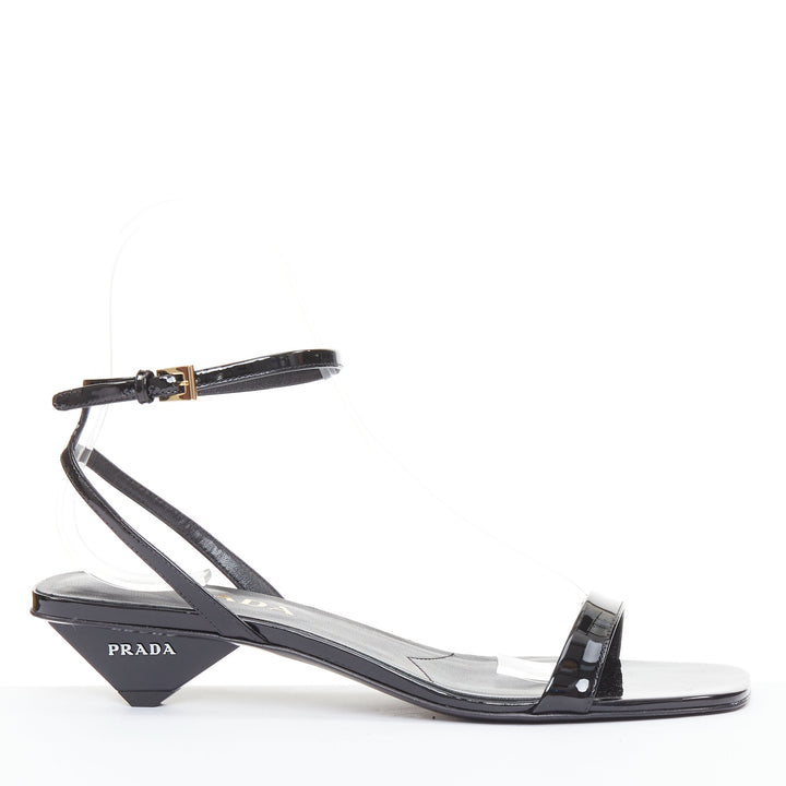 PRADA Vernice black patent leather white triangle logo kitten heel sandals EU39
