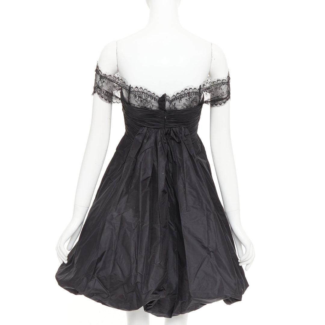 OSCAR DE LA RENTA Vintage black lace trim ruched bow cocktail bubble dress US2 S