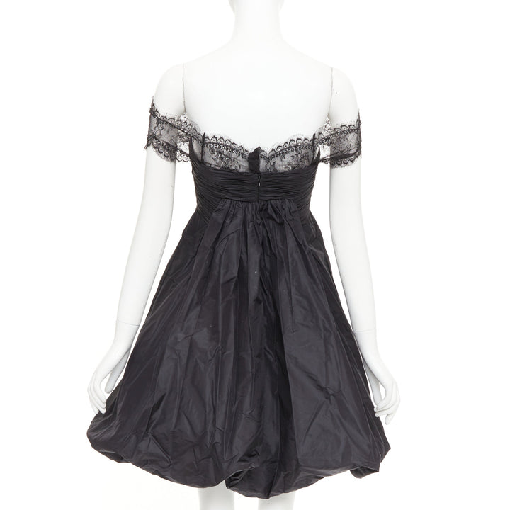 OSCAR DE LA RENTA Vintage black lace trim ruched bow cocktail bubble dress US2 S