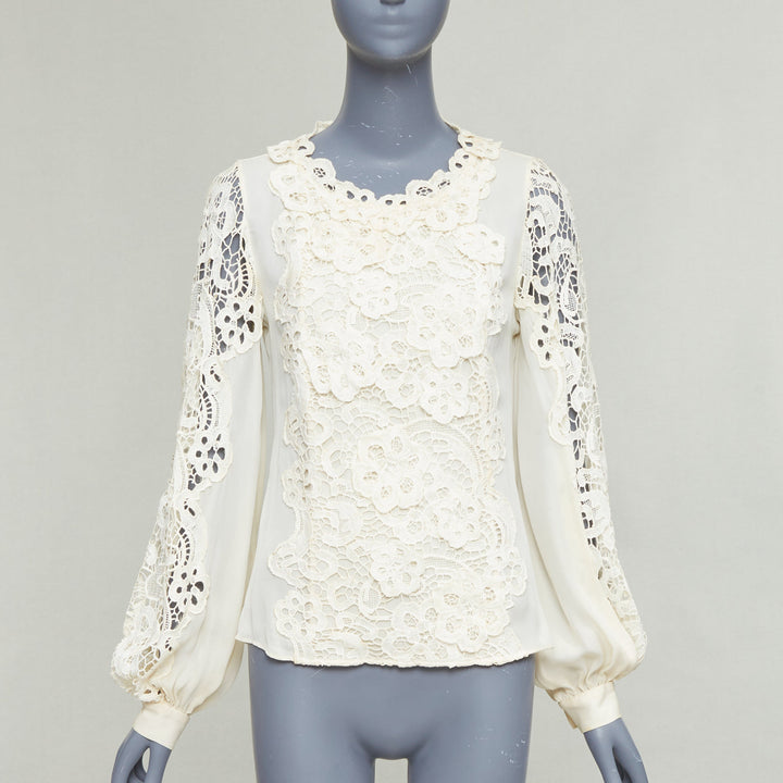OSCAR DE LA RENTA cream 100% silk floral lace appliqu‚àö¬© peasant blouse US2 S