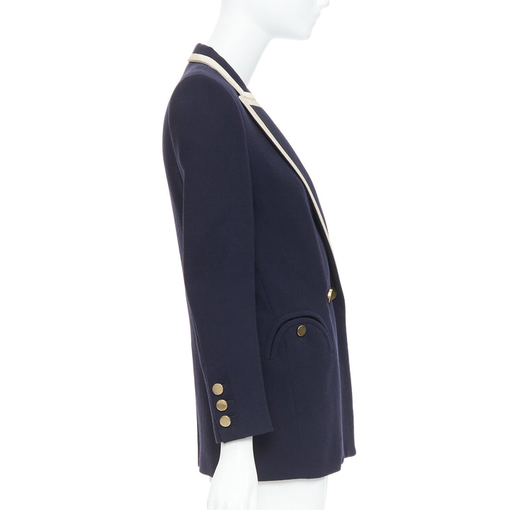 BLAZE MILANO Everyday navy virgin wool cream silk curved pocket blazer US0 XS