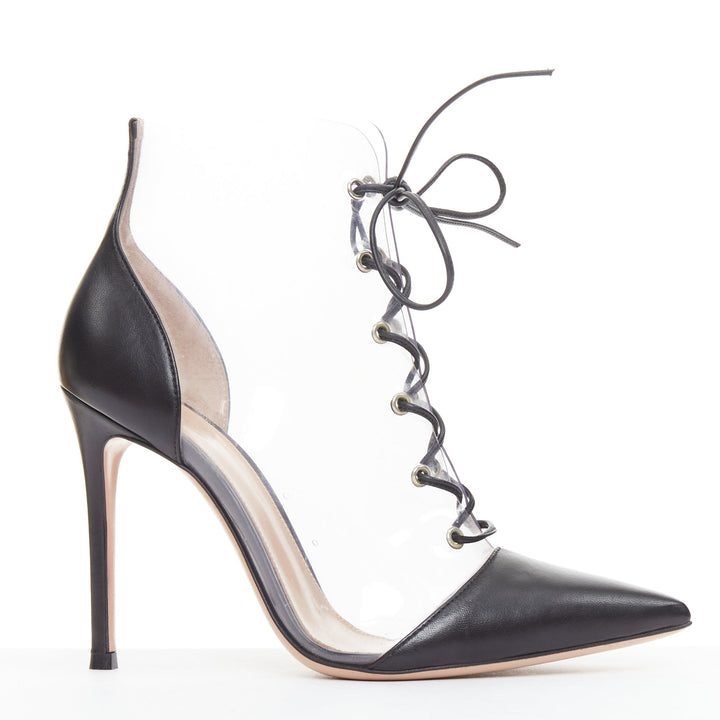 GIANVITO ROSSI clear PVC clear black leather toe cap lace up ankle booties EU36